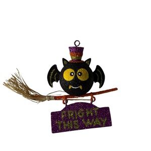 Pier 1 Imports Halloween 4" Black Glitter Bat Broom Fright This Way Ornament